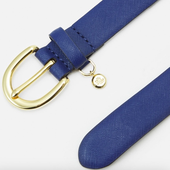 LAUREN RALPH LAUREN NAVY BLUE charm cow genuine leather women's skinny belt - Picture 2 of 2